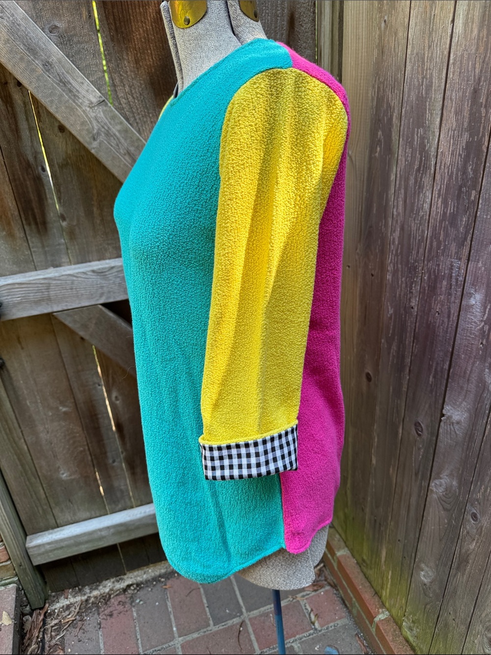 Colorblock Crewneck Sweater Teal, Yellow & Pink 3/4 sleeve with checkered edge